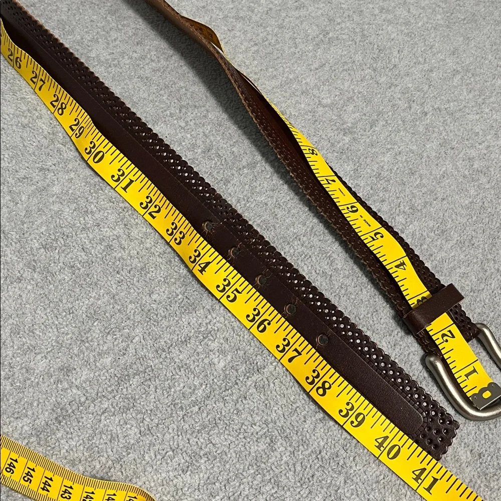 Boho Leather Bonded Belt Womens Medium Brown Silver Brass Buckle Lazer Cut